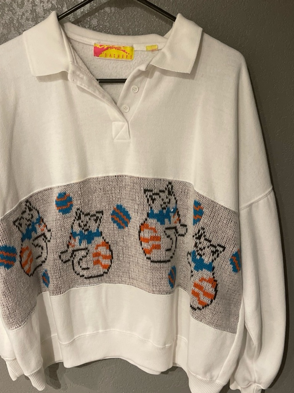 White Crewneck Sweater with Cat Motif